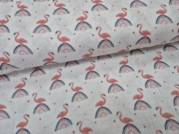 Regenbogen- Flamingo auf weiss-Traum- Musselin